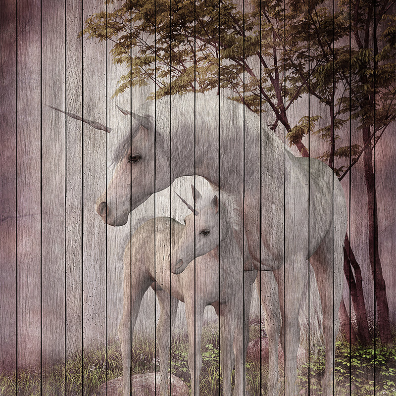 Fantasy 4 - Unicorn & Wood Optic Onderlaag behang - Beige, Roze | Pearl Smooth Vliesbehang
