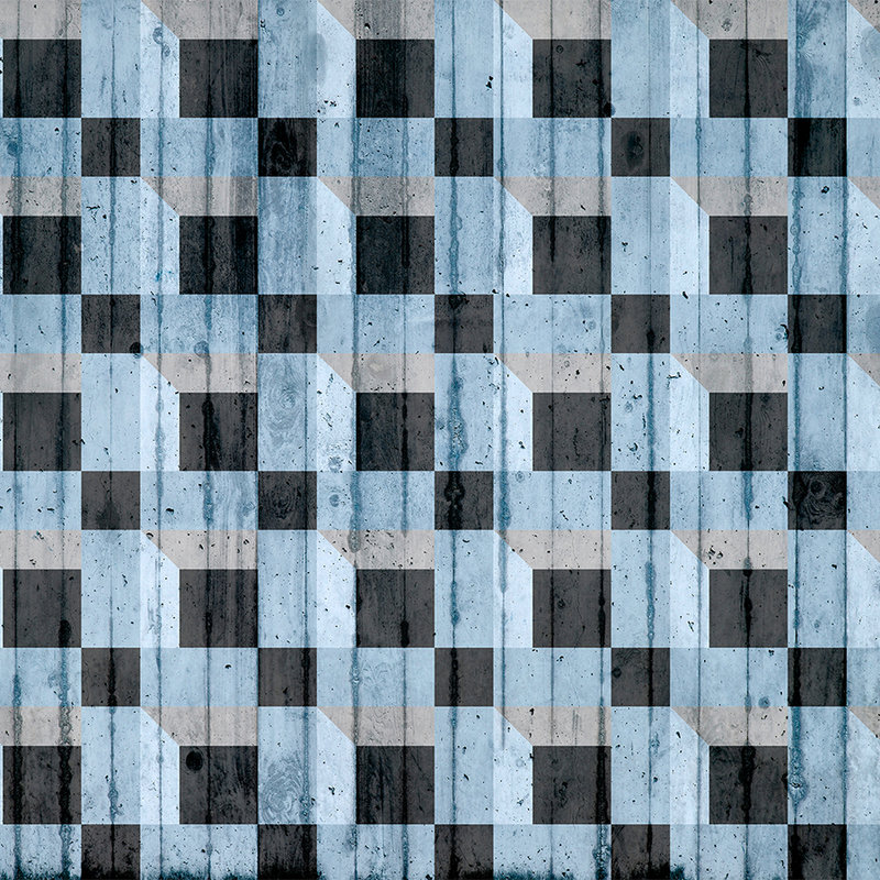 Betonlook behang met vierkant patroon - blauw, zwart, grijs

