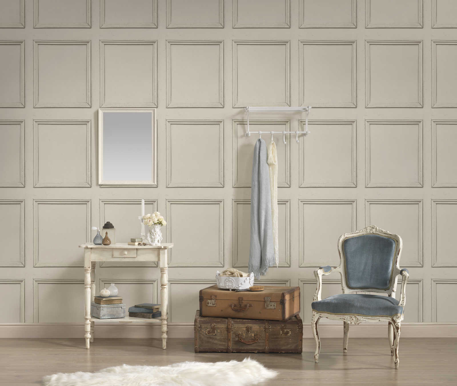             Wallpaper wood look coffered pattern in country style - cream
        