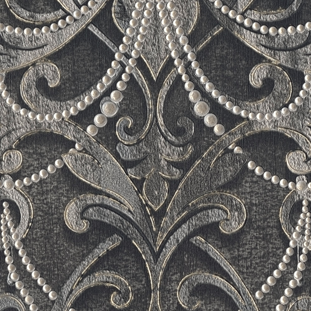             Zwart behang parelmoer patroon, ornamenten & metallic effect
        