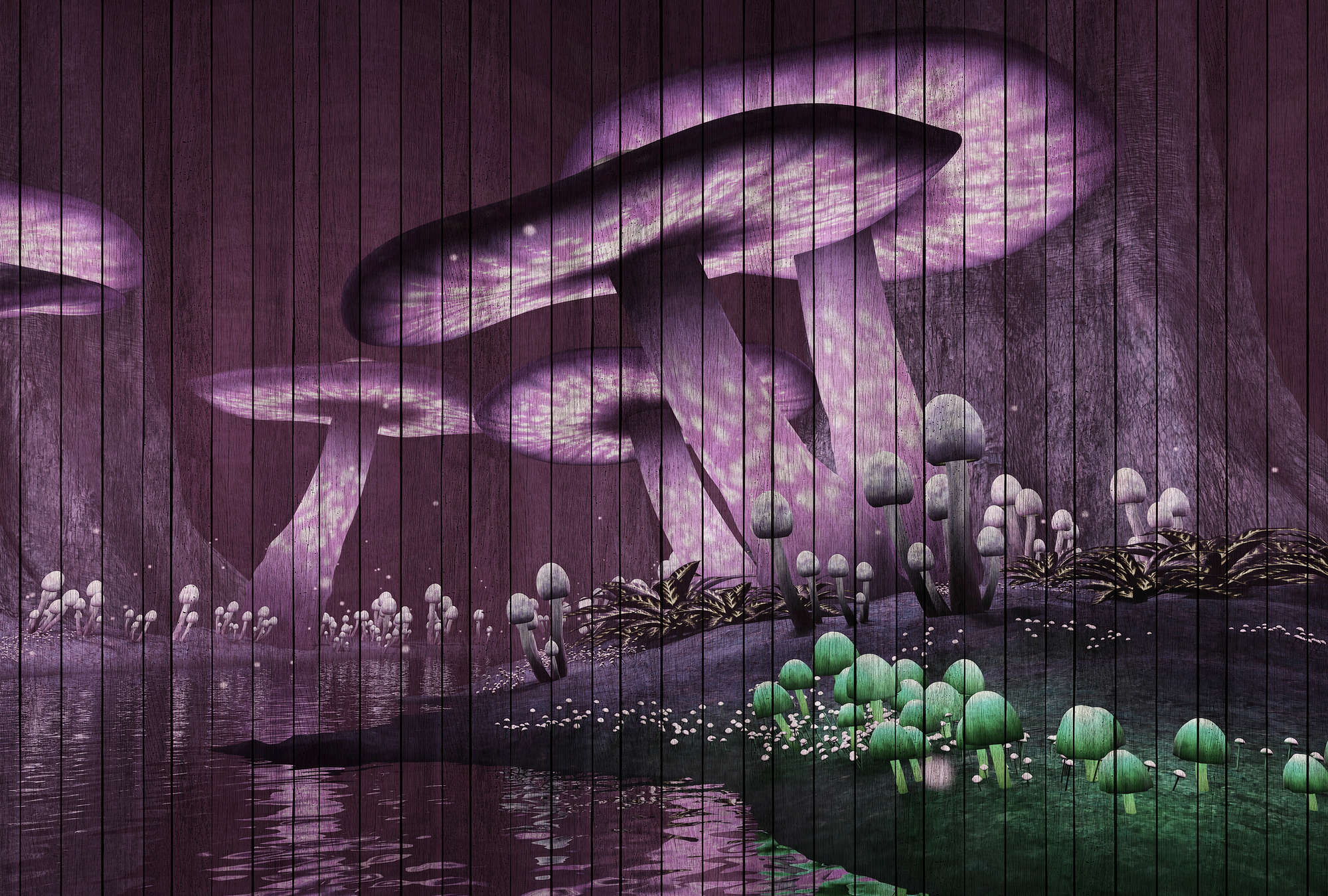             Fantasía 2 - Fotomural bosque mágico con estructura de paneles de madera - Verde, Violeta | Perla liso no tejido
        