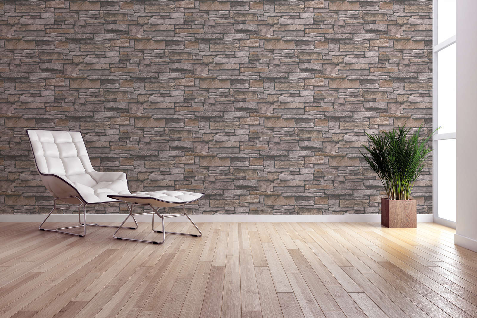             Stone-look non-woven wallpaper with natural stone wall - beige, brown
        