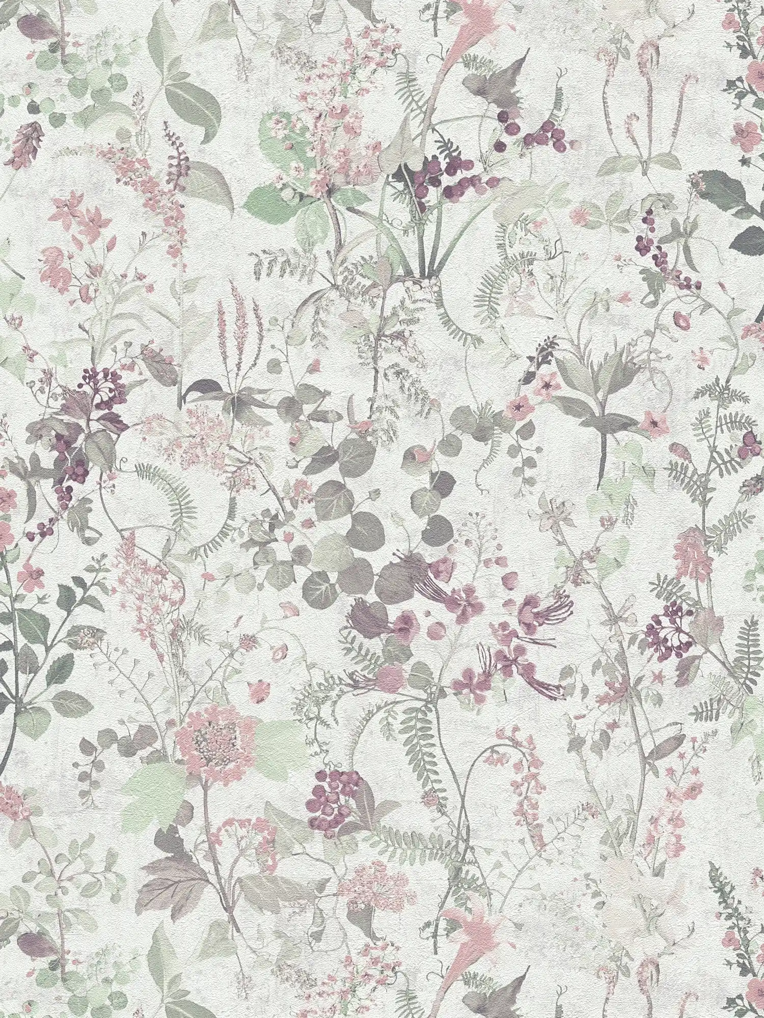 Papier peint naturel avec motifs floraux - gris, vert, rose
