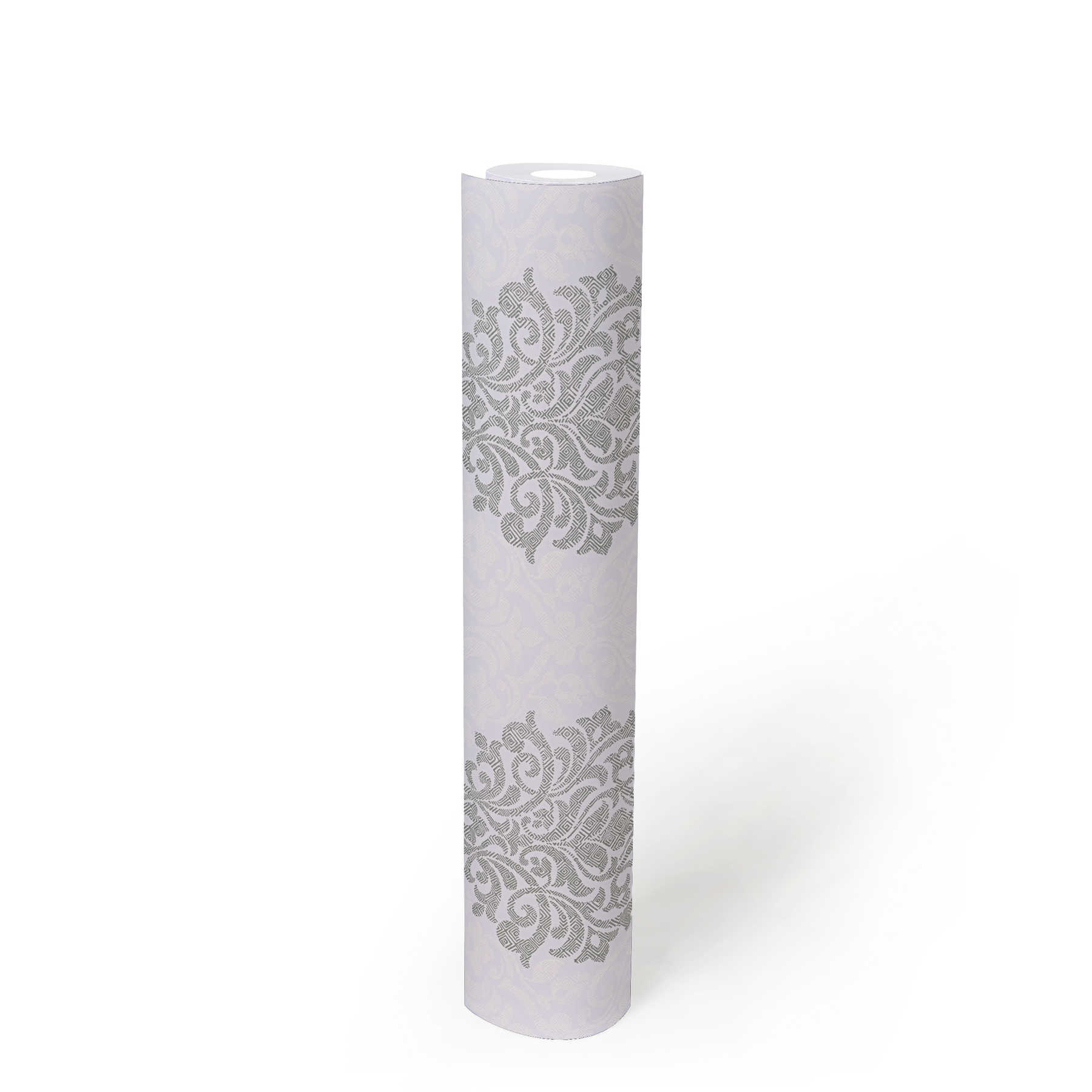             Floral ornamental wallpaper diamond pattern in ethnic style - grey, white, silver
        