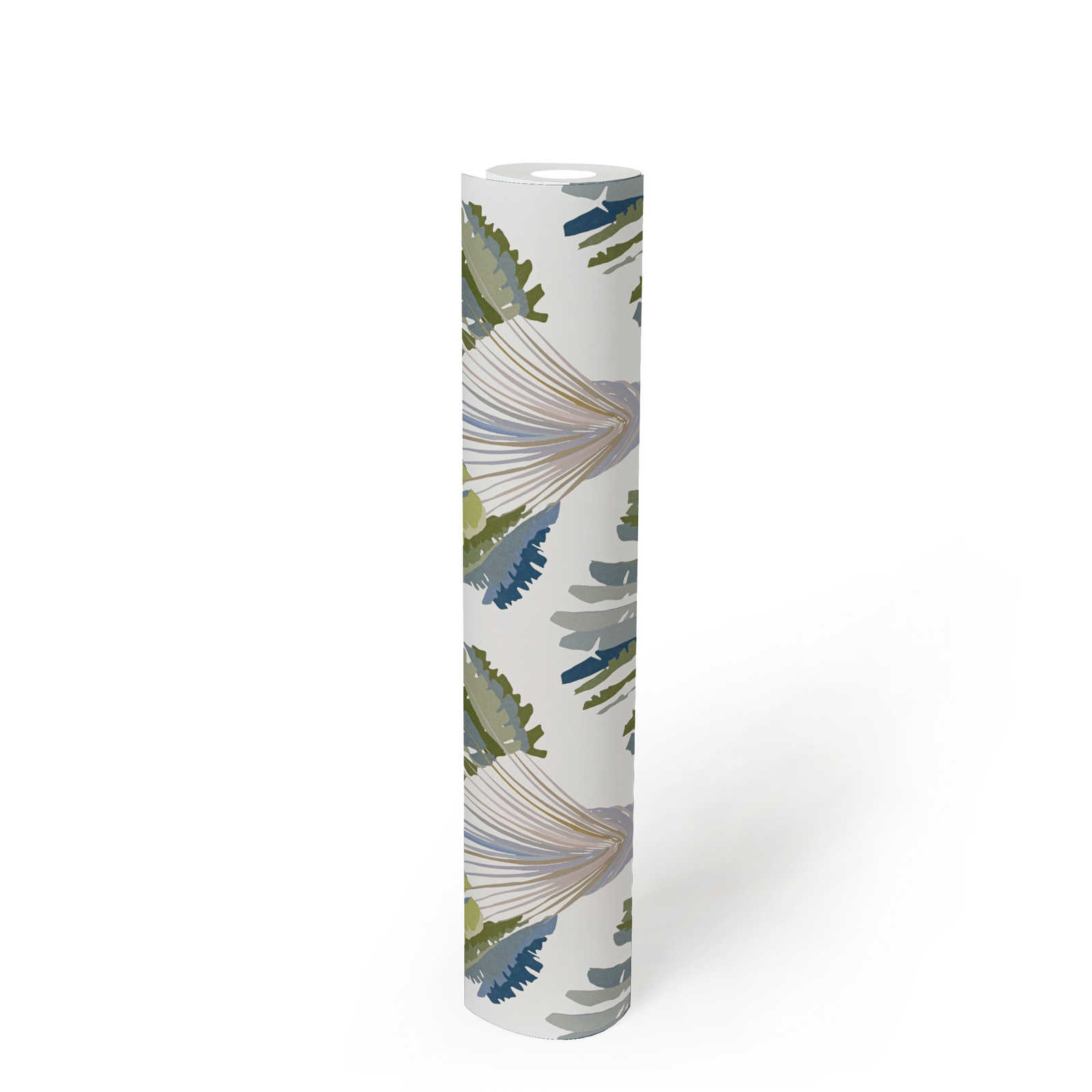             Wallpaper palm leaves & perennials in abstract pattern - green, white, blue
        