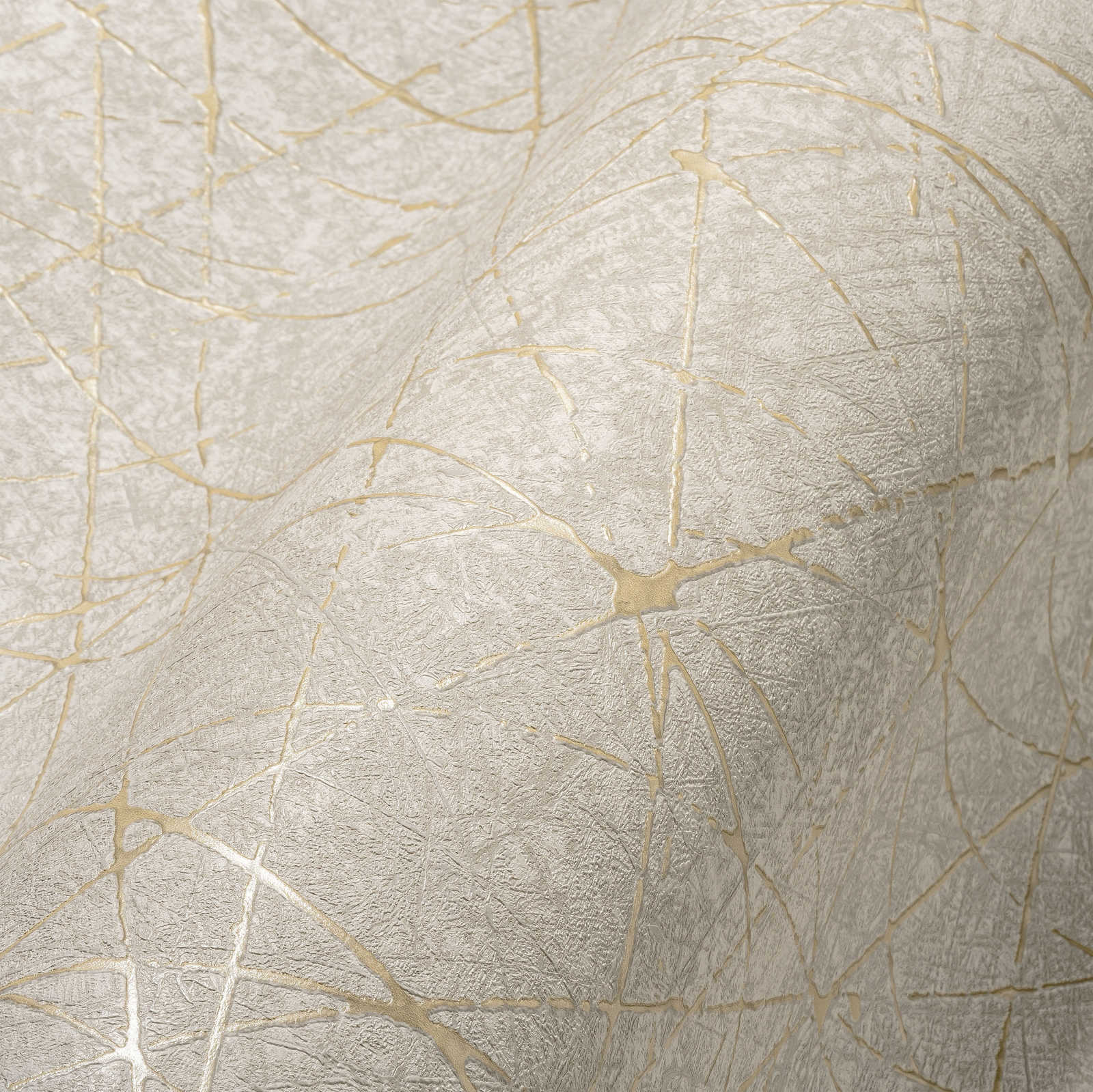             Vliesbehang met grafische lijnen & metaaleffect - crème, grijs, goud
        