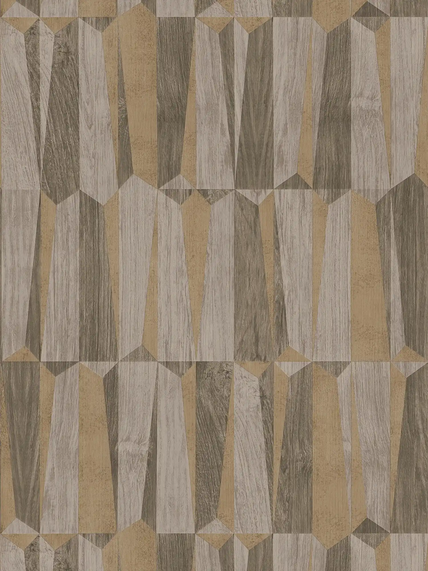 Ethno behang met metallic & houteffect - bruin, grijs
