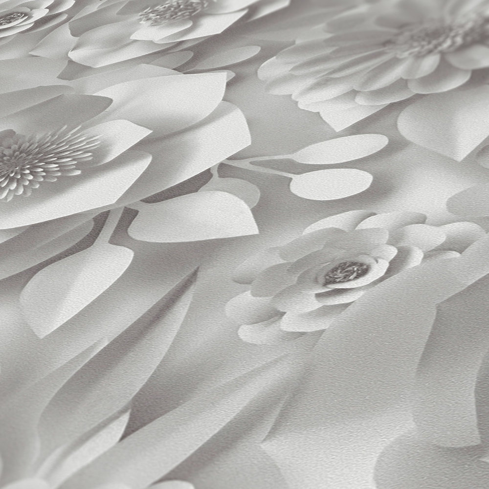             3D Behang met Papieren Bloemen, Grafisch Bloemenpatroon - Wit
        