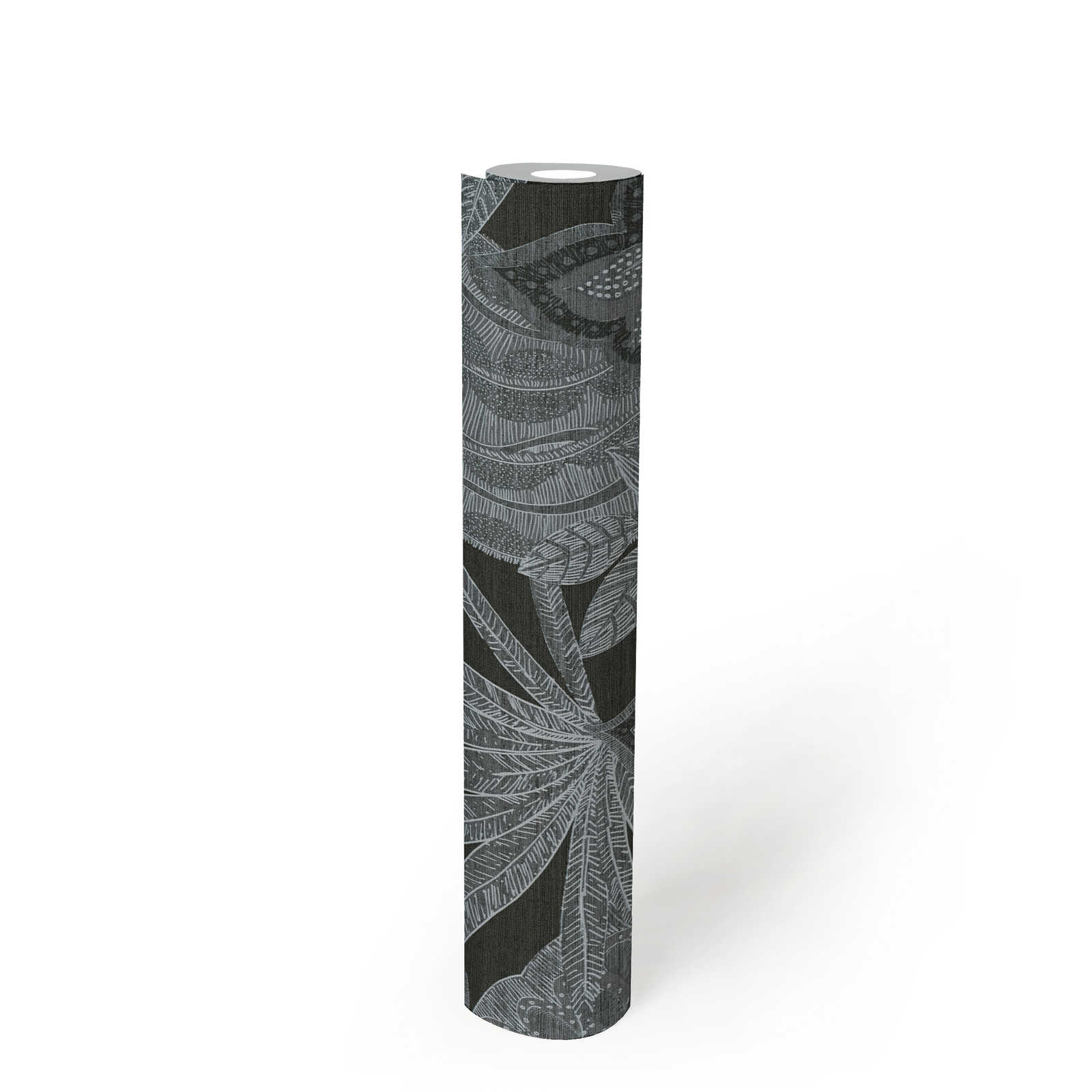             Floral wallpaper in graphic design with light structure, matt - black, grey, white
        