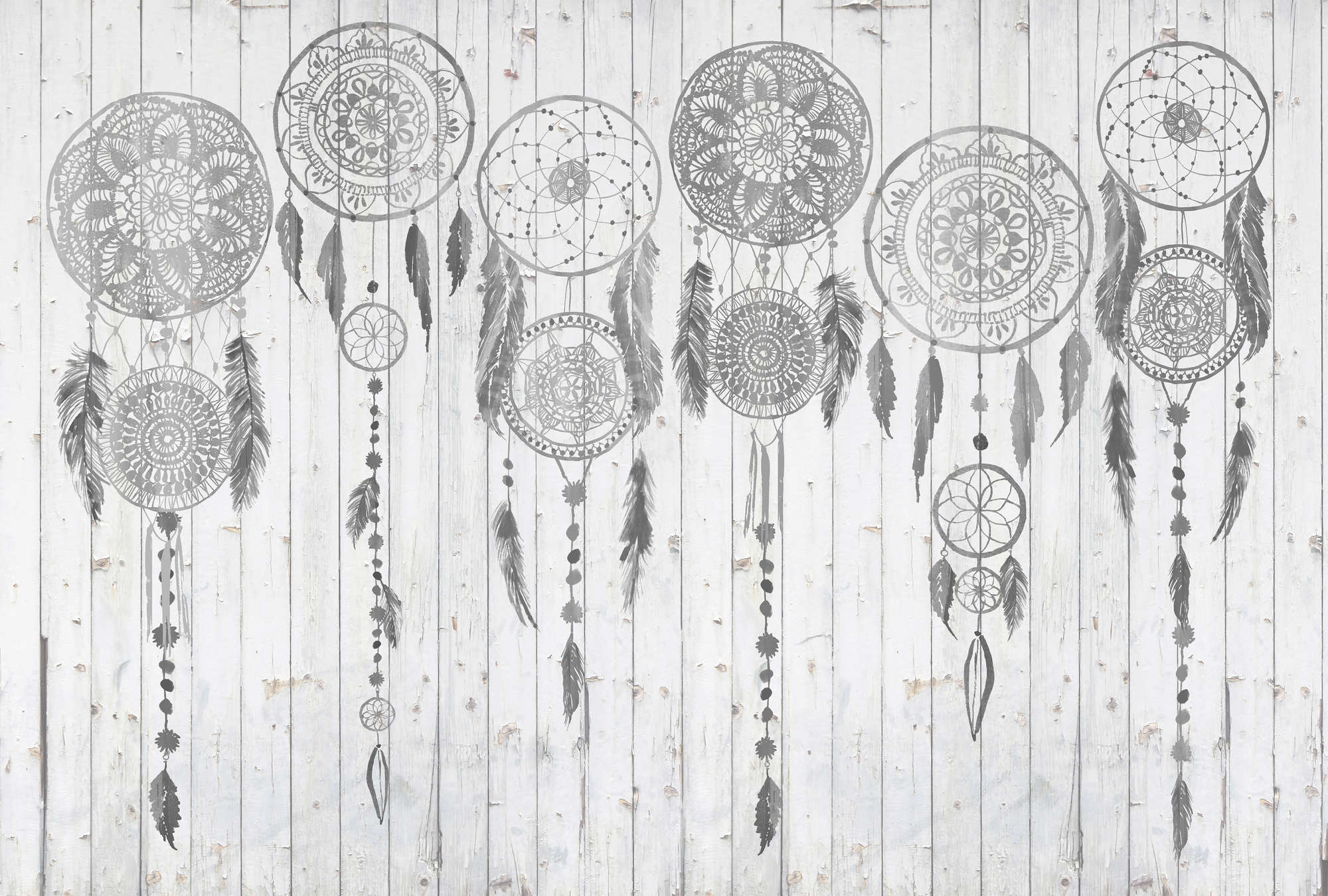             Papier peint panoramique imitation bois clair, mur de planches & design boho - gris, blanc
        