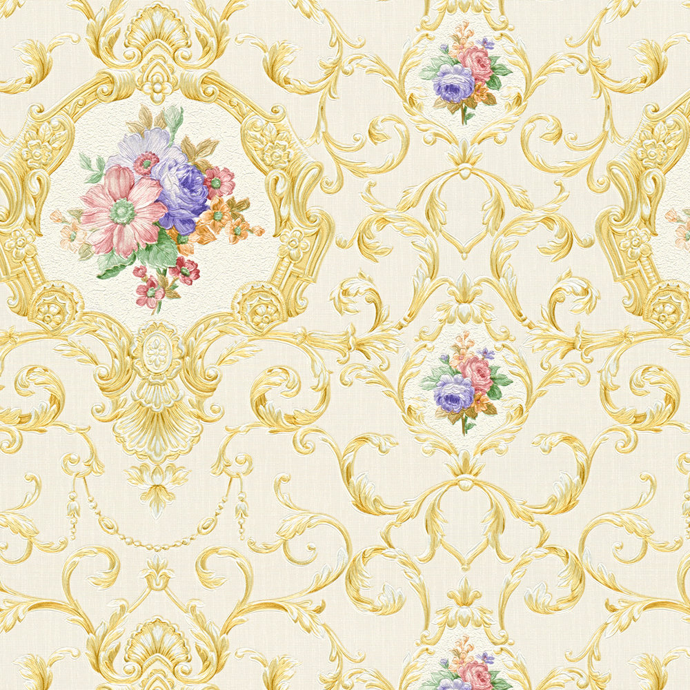             Luxury wallpaper with ornamental pattern & floral bouquet - cream, metallic
        