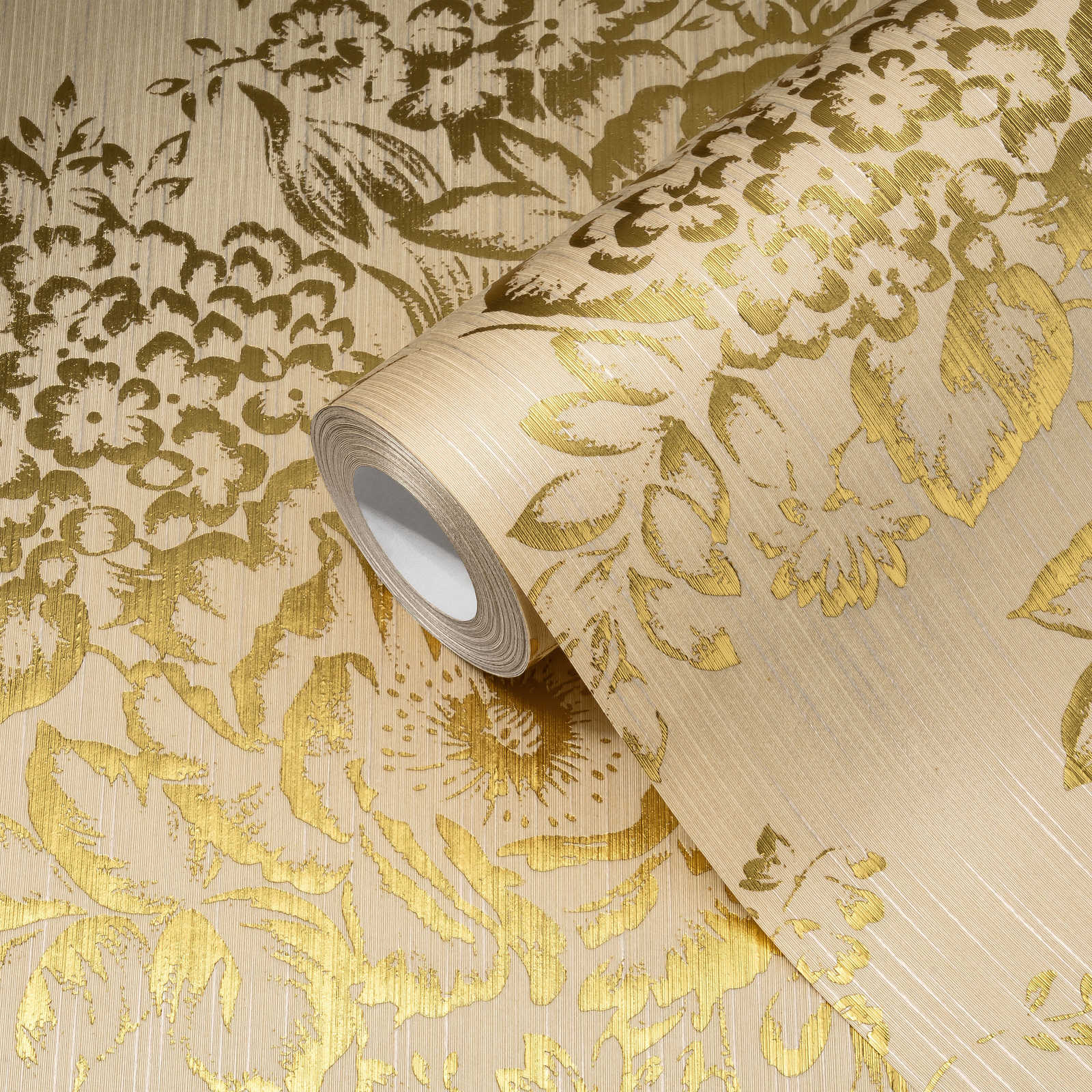             Papel pintado texturizado con motivos florales dorados - oro, crema
        