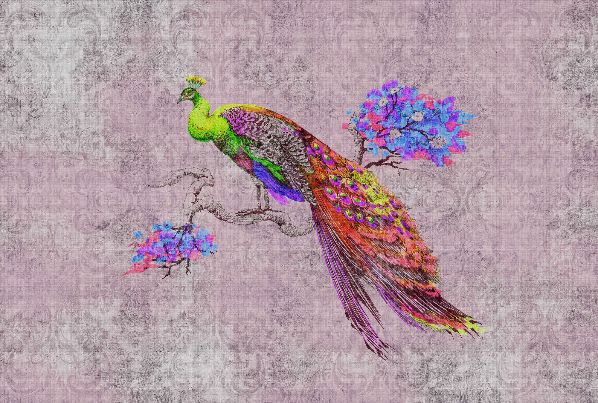             Peacock 2 - Fotomurali con motivo di pavone e ornamenti in struttura di lino naturale - Verde, Rosa | Vello liscio opaco
        