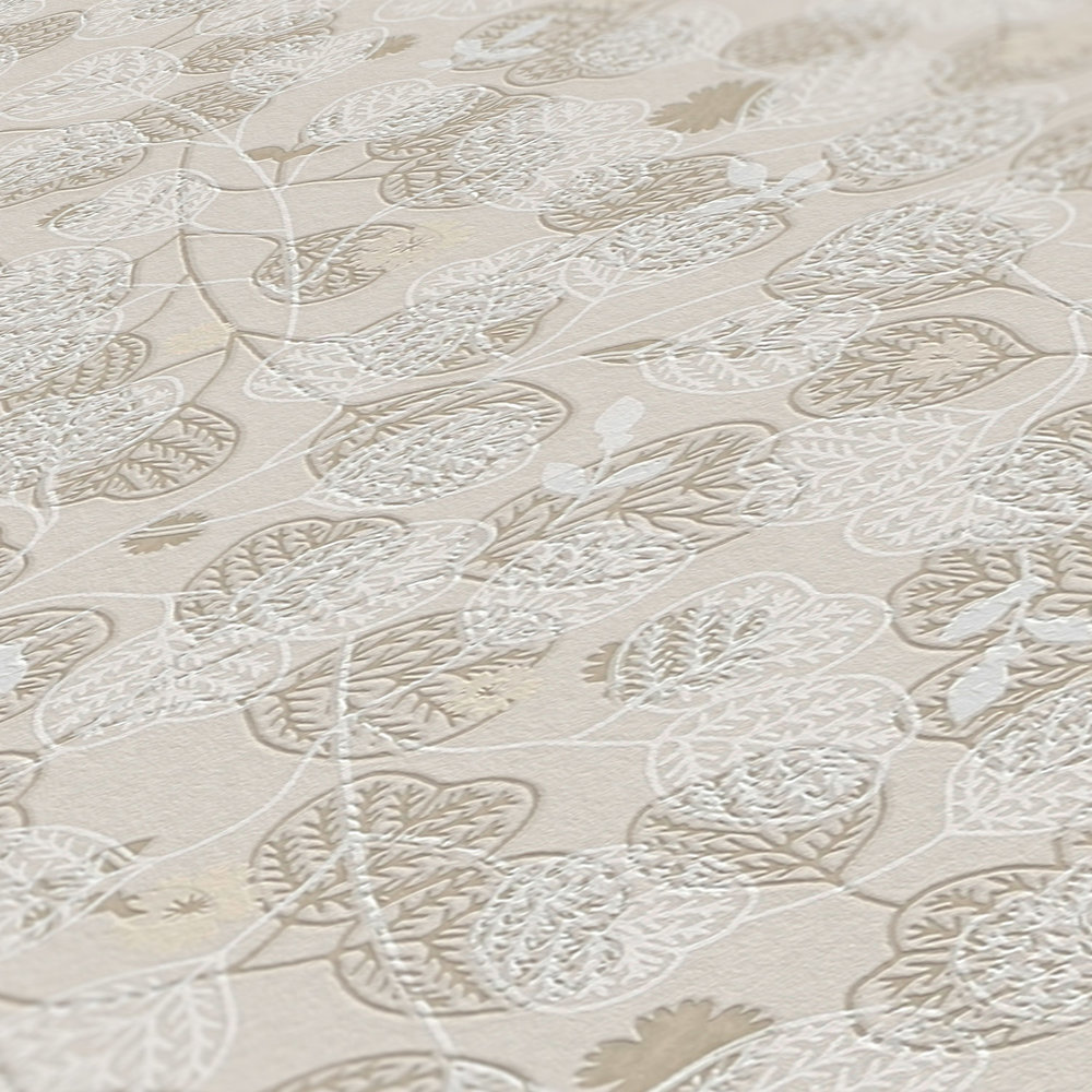             Non-woven wallpaper with floral blossom & leaf pattern - beige, white
        