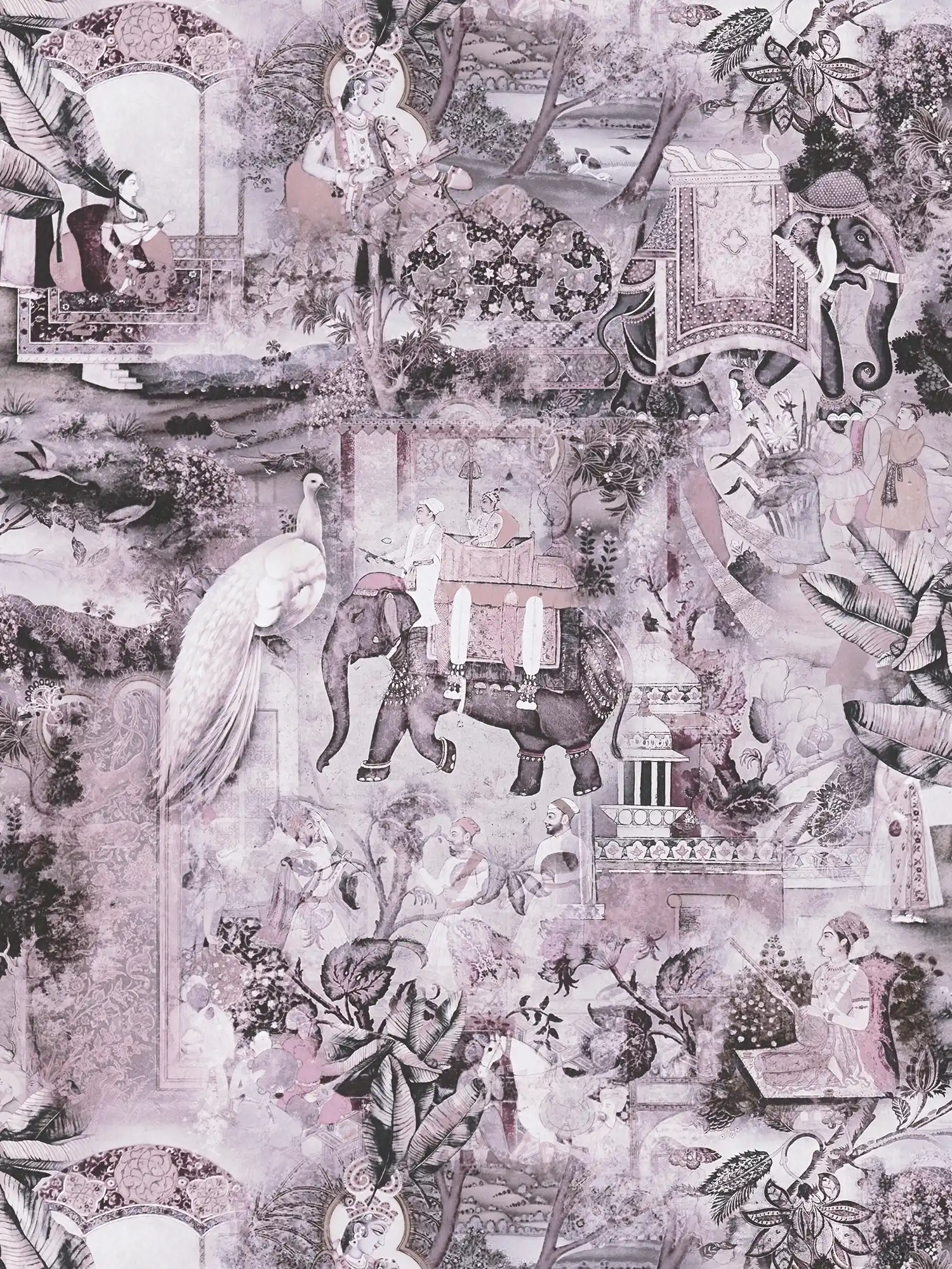             Vliesbehang India met olifant & vintage patroon - roze, grijs
        