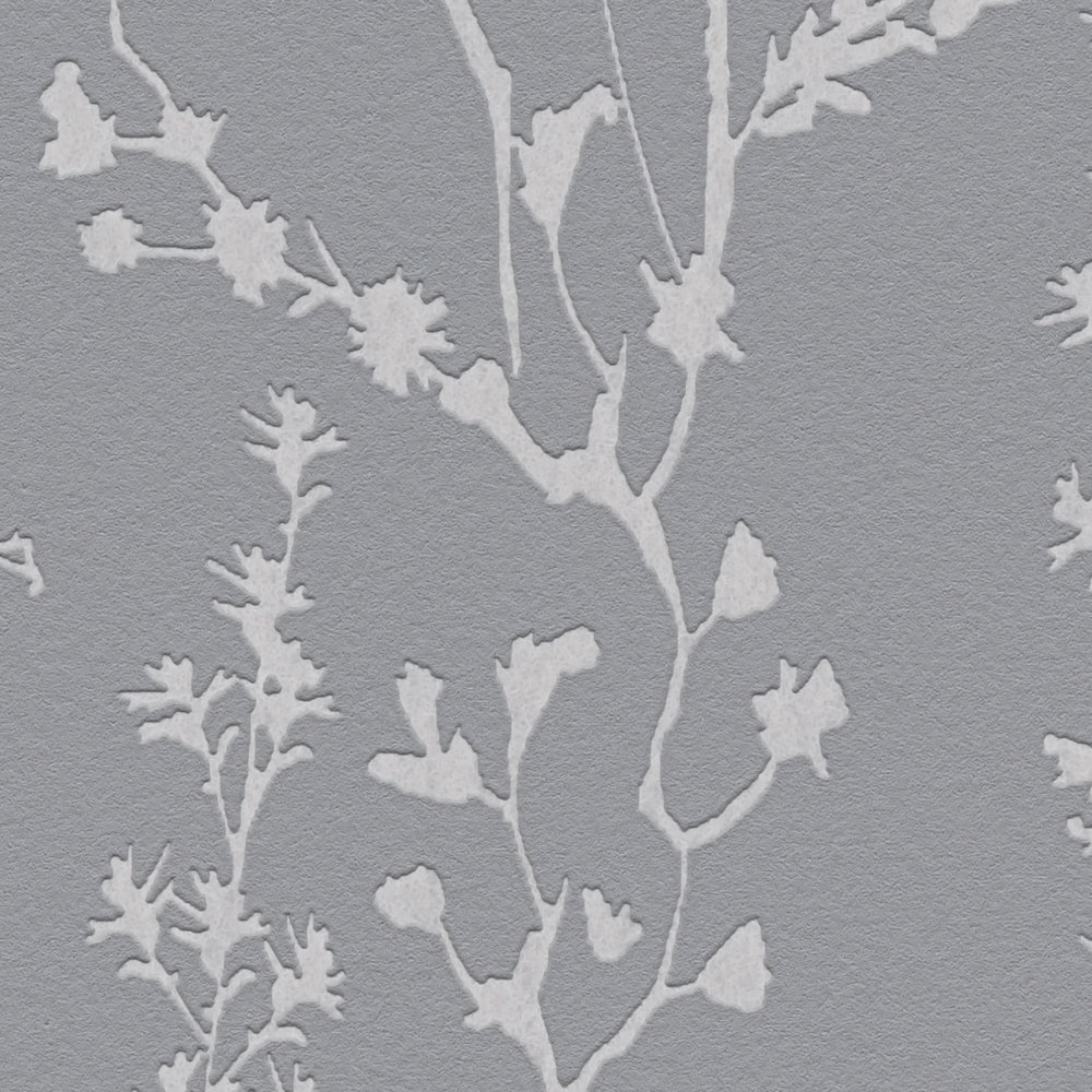            Bloemrijkbehang met zacht gras- en bloesemmotief - grijs, zilver
        