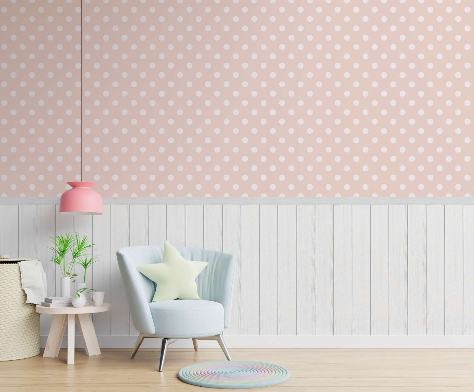             Non-woven motif wallpaper with wood-effect plinth border and dot pattern - white, grey, pink
        