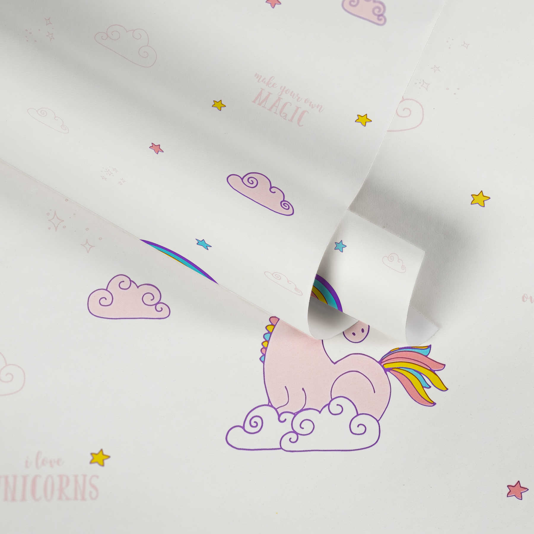             Papier peint avec licorne, arc-en-ciel & nuages- multicolore, violet
        