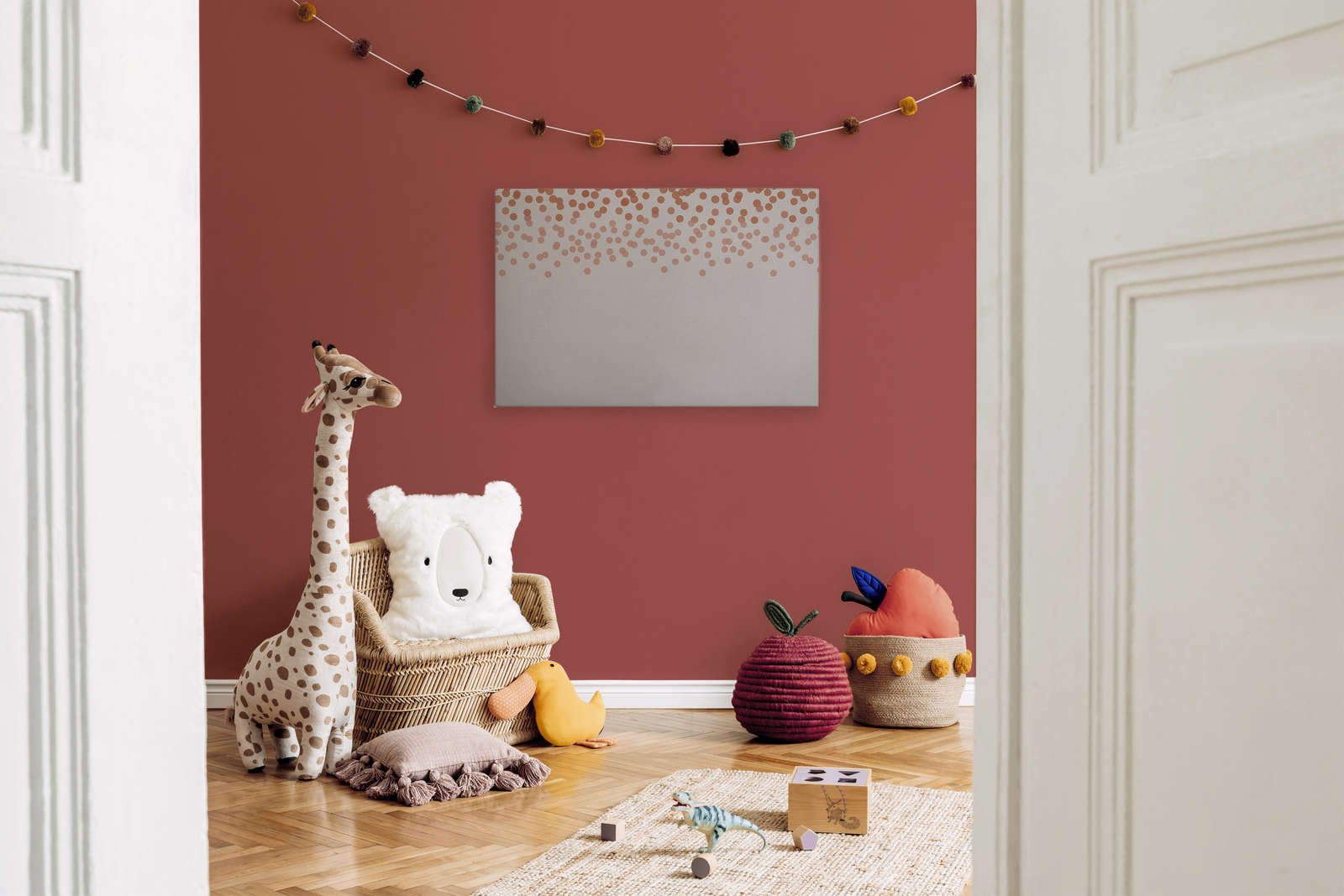             Canvas painting with discreet dot pattern | red, grey - 0.90 m x 0.60 m
        