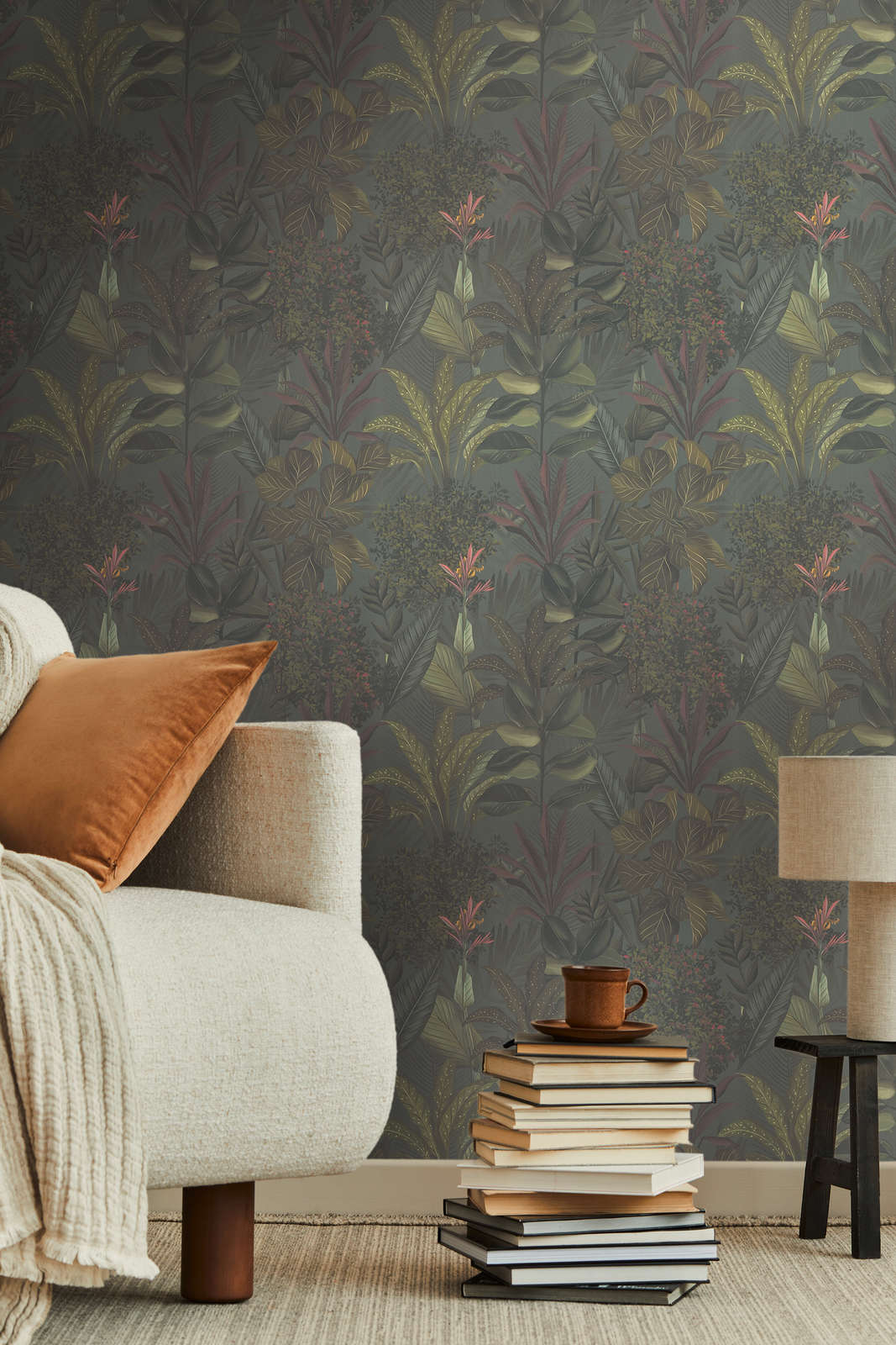             Floral wallpaper modern with leaves & grasses textured matt - dark green, bordeaux
        