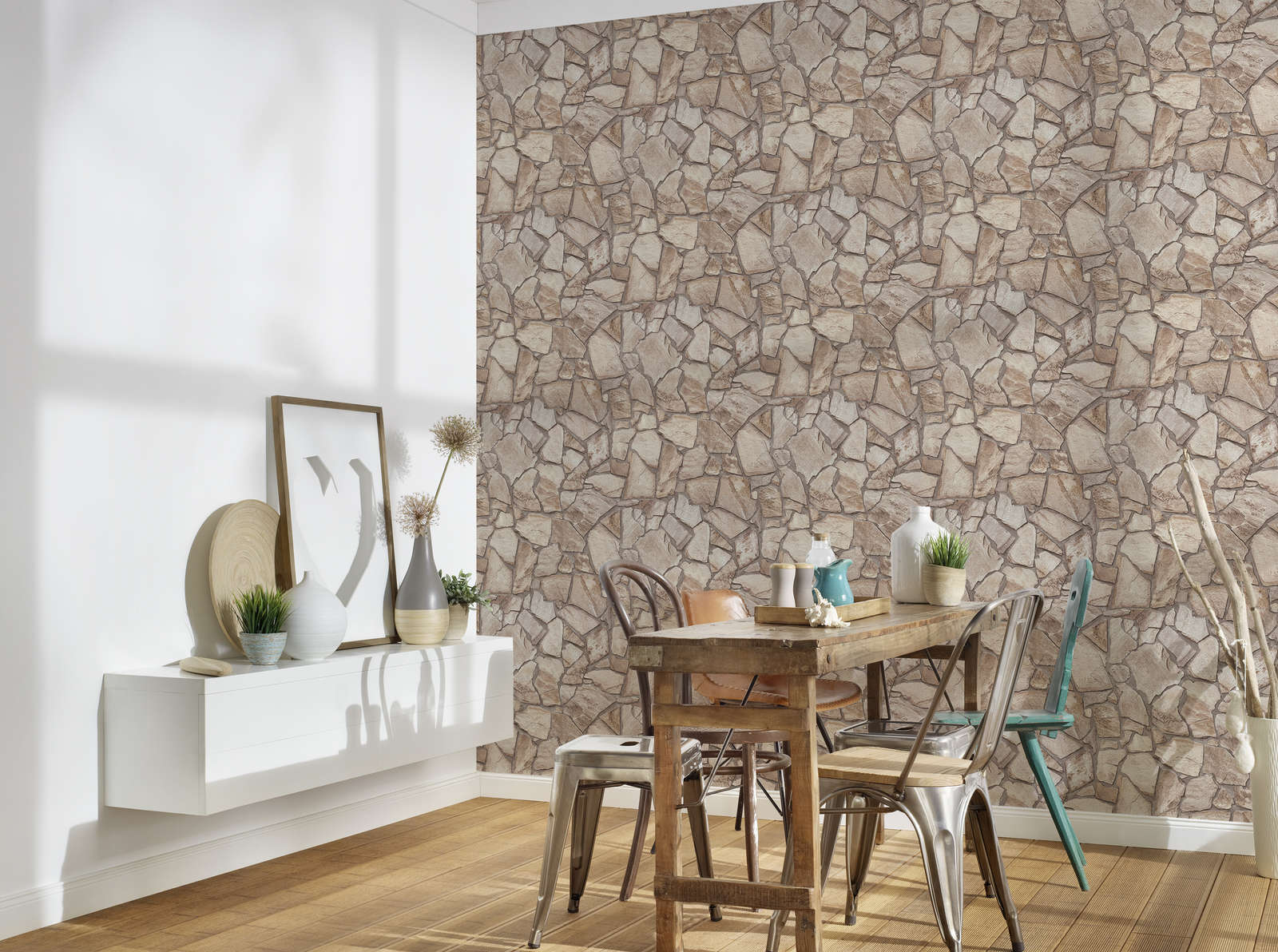             Non-woven wallpaper with stone look wall - brown, grey, beige
        