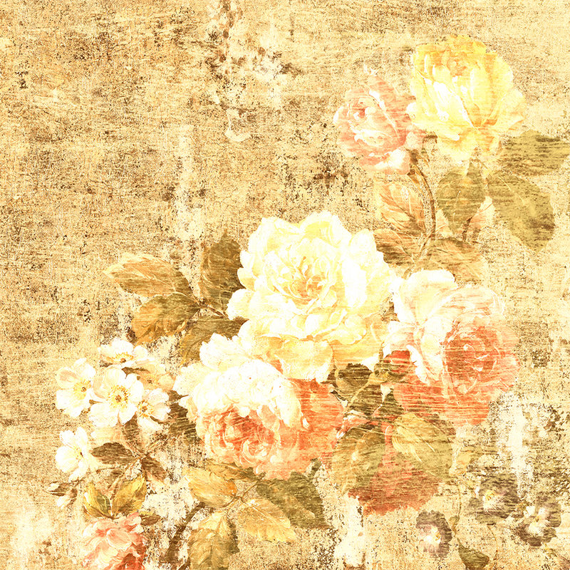        Photo wallpaper floral ornament with roses, rustic look - yellow, pink, cream
    