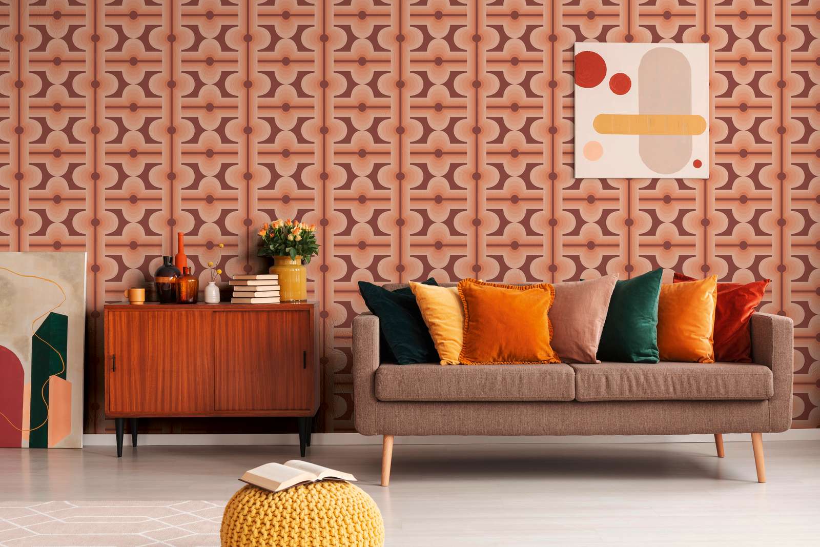             Abstract patterned non-woven wallpaper in retro style - red, orange
        