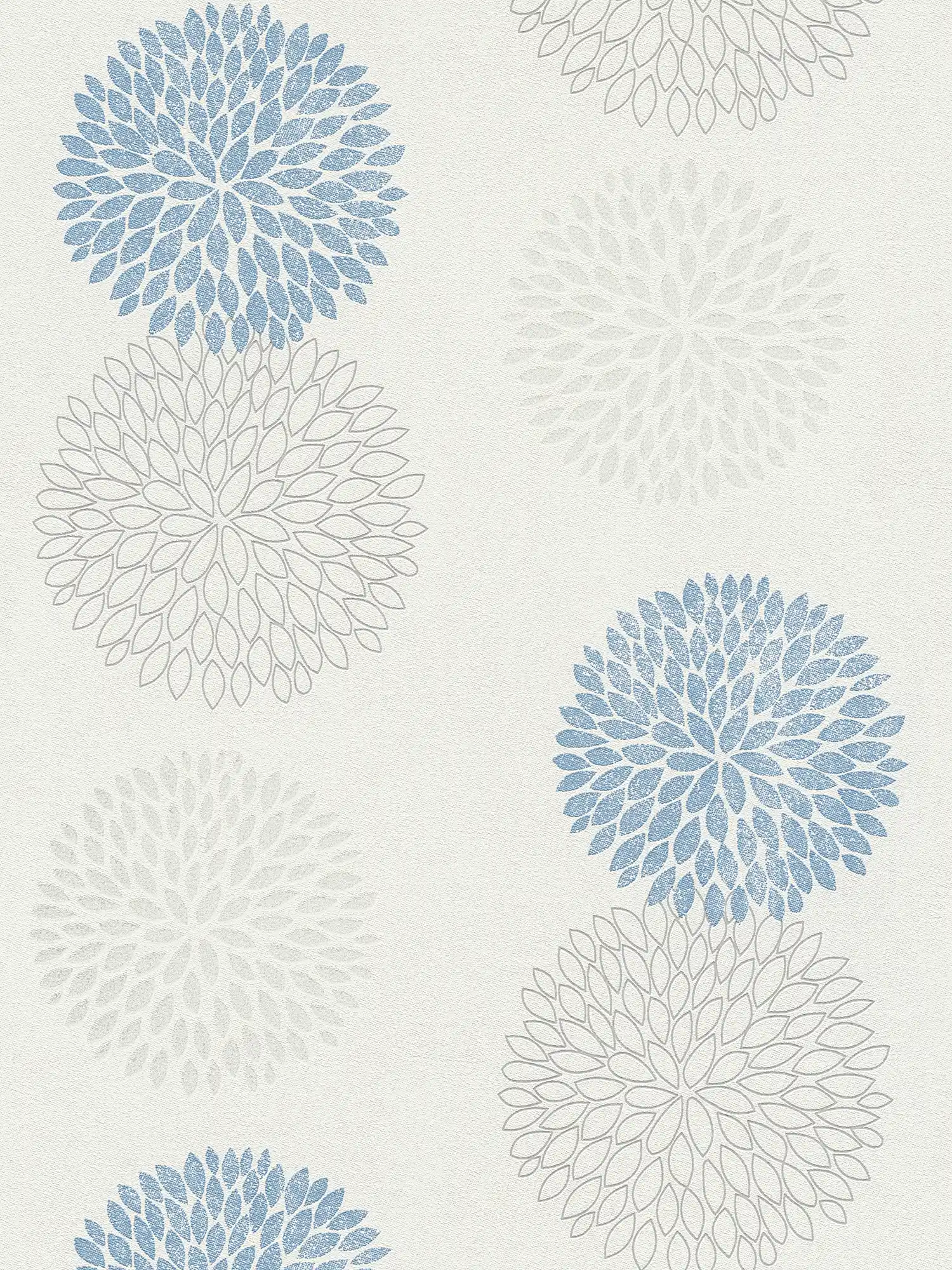 Papier peint avec motif graphique de fleurs - bleu, gris, blanc

