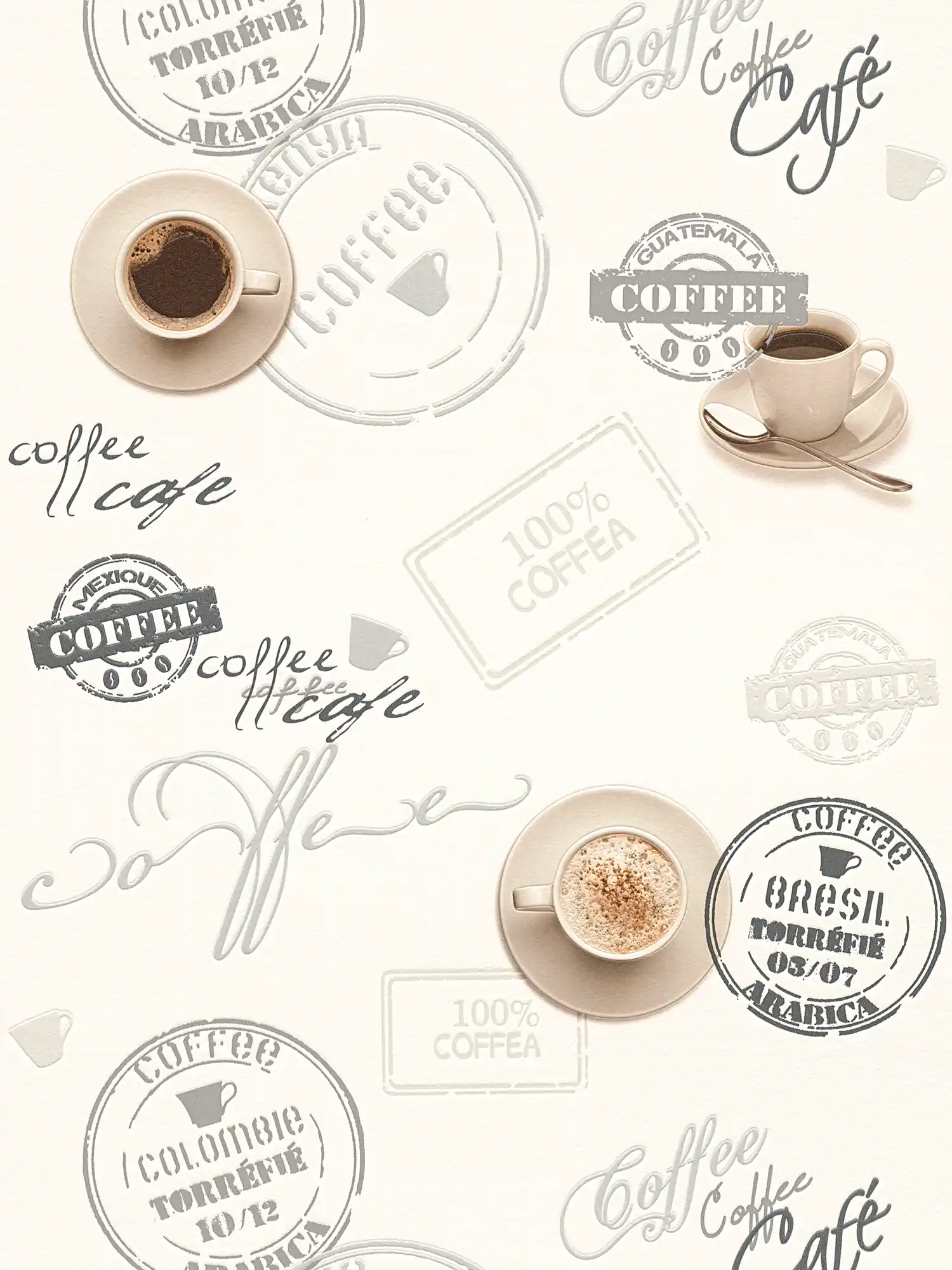 Carta da parati caffè per cucine, design retrò - crema, beige
