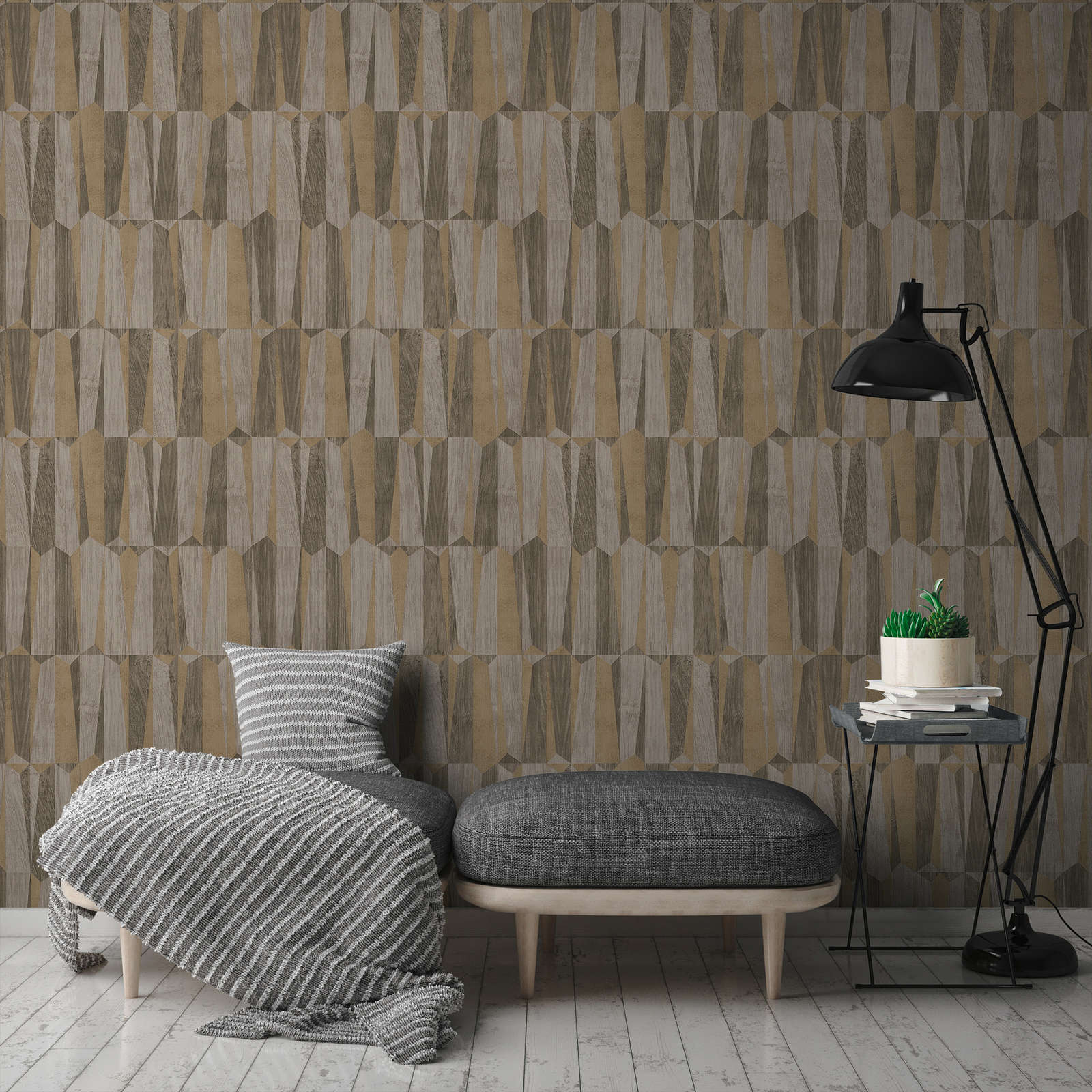             Ethno wallpaper with metallic & wood effect - brown, grey
        