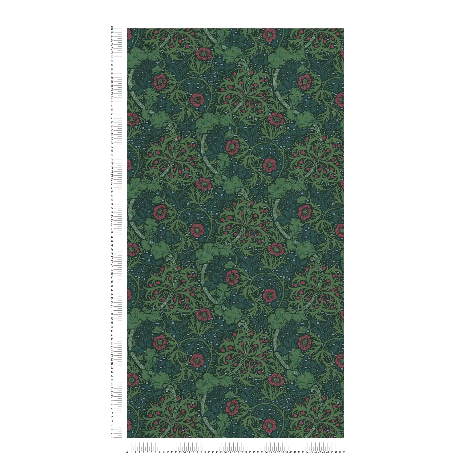             Floral wallpaper with blossoms and flower tendrils - green, pink, black
        
