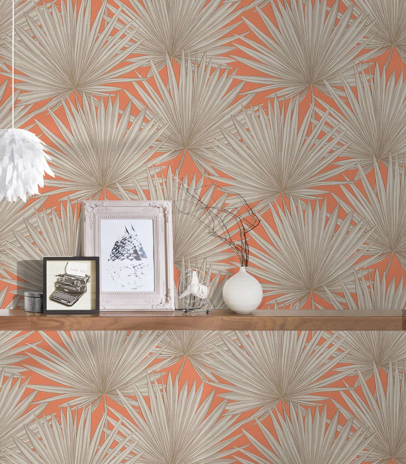             Non-woven wallpaper with tropical leaves - orange, greige, white
        