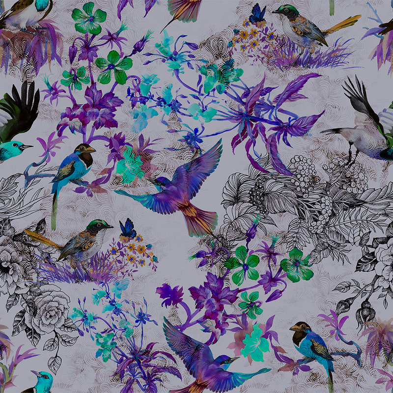 Papel pintado púrpura con flores y pájaros - Azul, Gris
