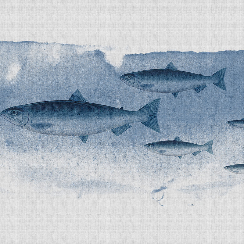 Into the blue 1 - Fish watercolour in blue as a photo wallpaper in natural linen structure - Blue, Grey | Structure non-woven
