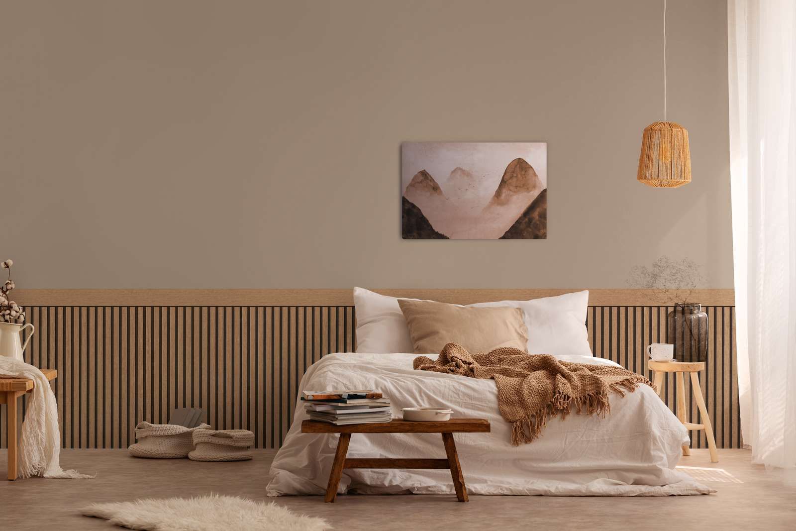             Wandvlies met realistisch akoestisch paneelpatroon van hout - beige, bruin
        
