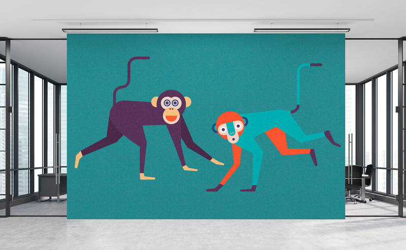             Monkey Busines 1 - Carta da parati con struttura in cartone, banda di scimmie in stile fumetto - Beige, Arancione | Vello liscio opaco
        