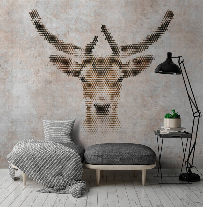             Big three 3 - digital print wallpaper, concrete look with deer in natural linen structure - beige, brown | mother-of-pearl smooth fleece
        