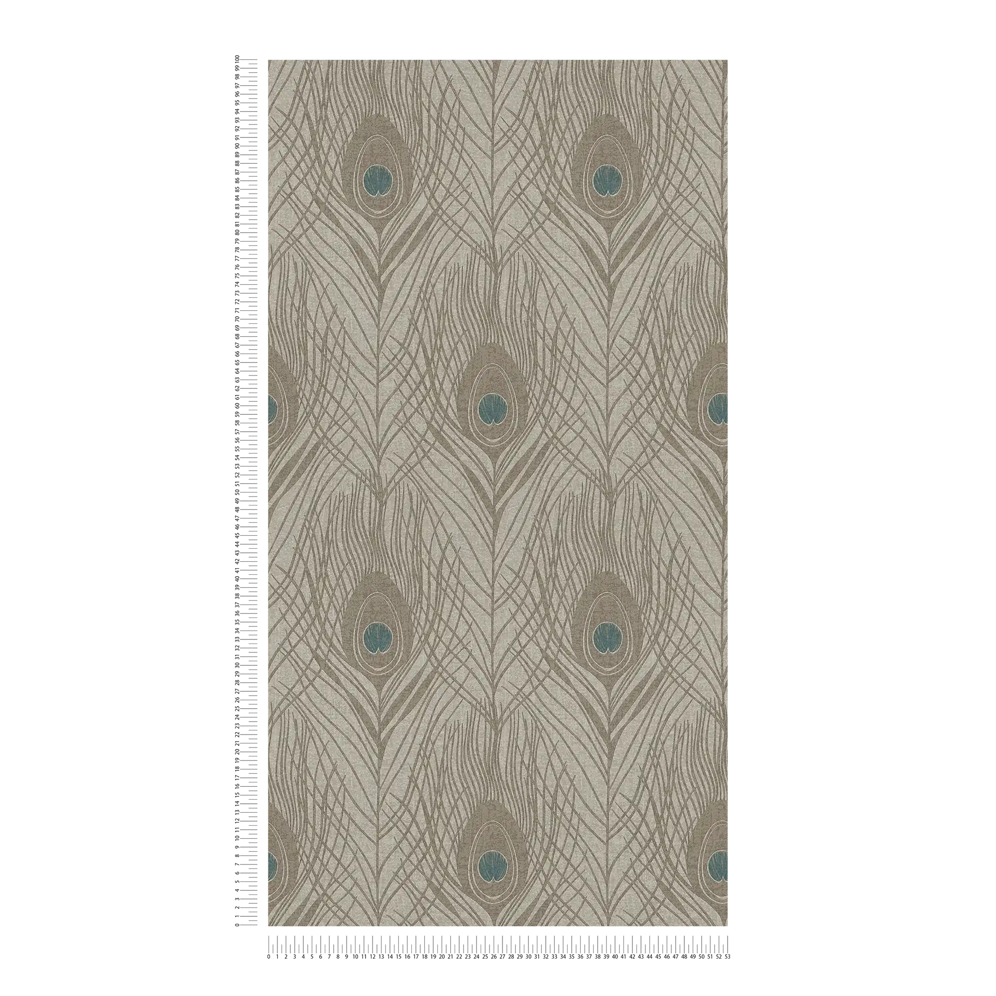            Brown non-woven wallpaper with peacock feathers, detailed - brown, grey, blue
        