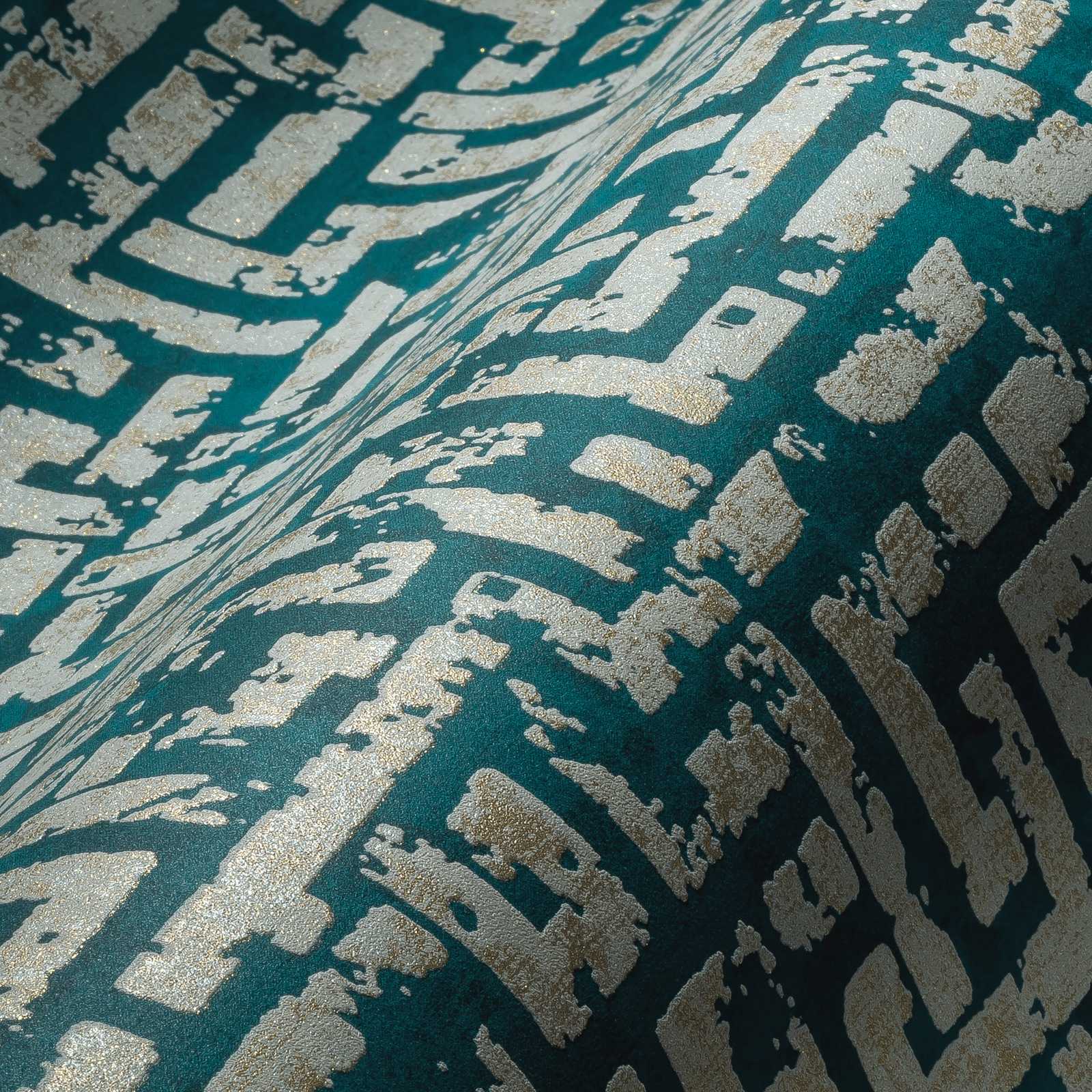             Ethno behang met grafisch reliëfontwerp - blauw, groen, beige
        