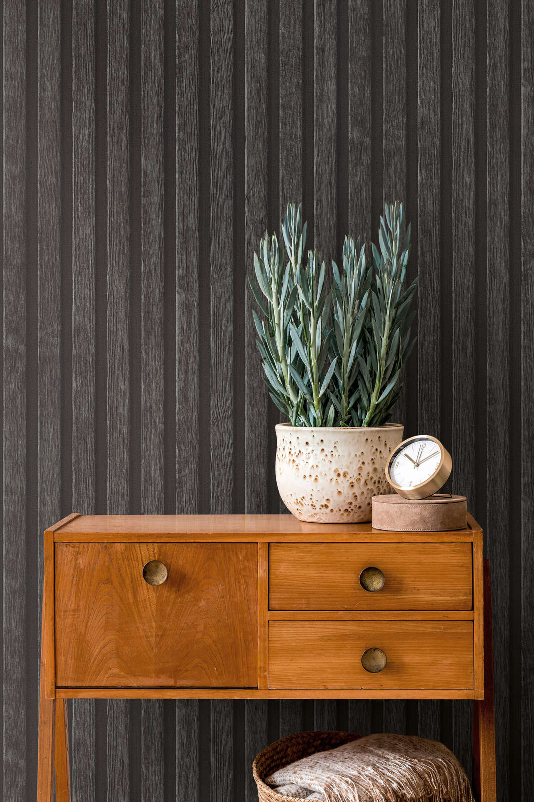             Papel pintado de efecto madera con patrón de paneles - negro, marrón
        
