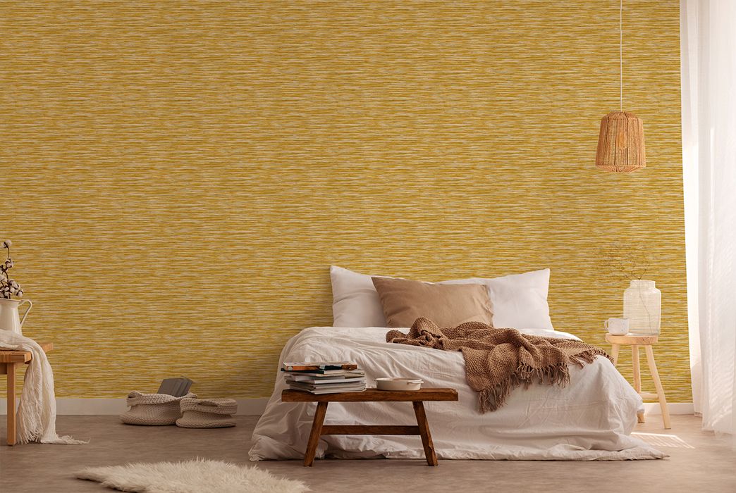 Sunny yellow wallpaper bedroom in boho style AS375252