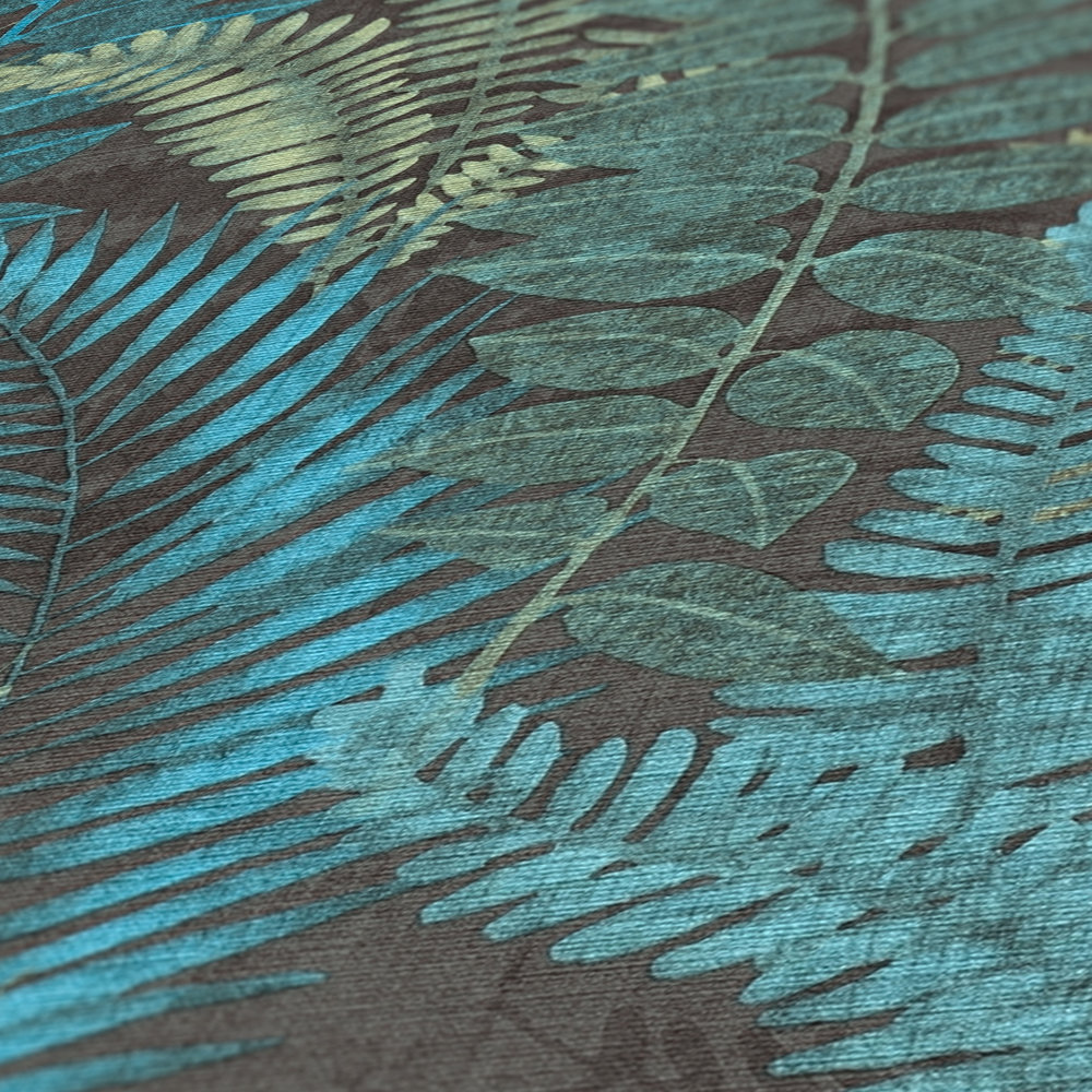             Non-woven wallpaper floral with fern leaves light textured, matt - black, blue, green
        