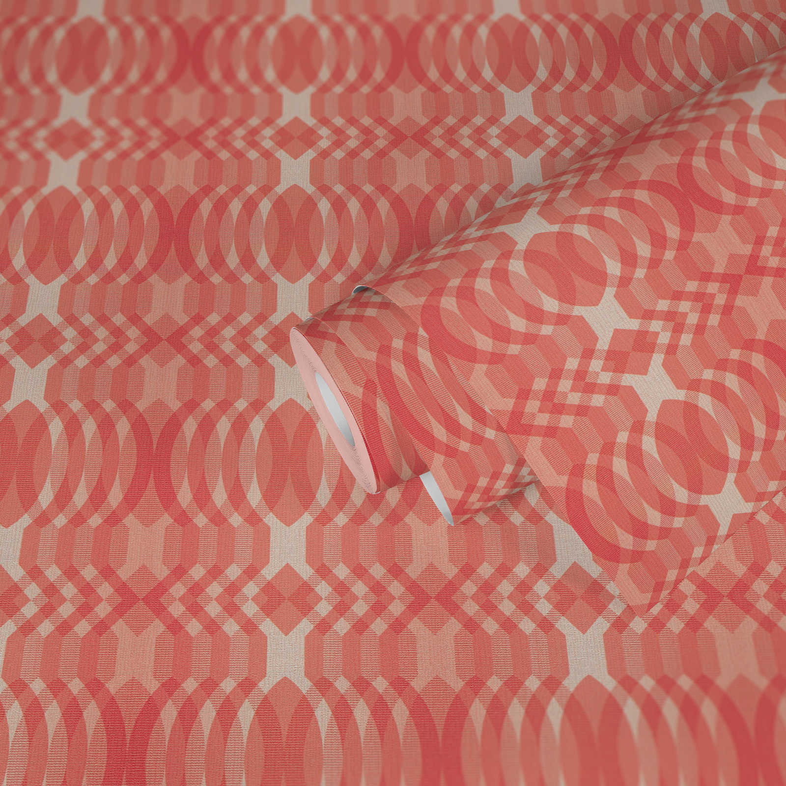             Geometrisch patroon op vliesbehang in retrostijl - rood, crème, wit
        