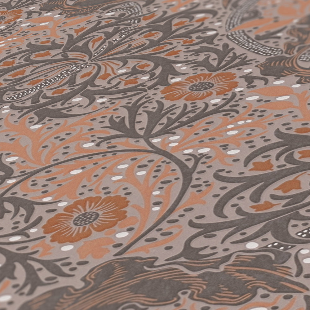             Wallpaper with flowers and vines floral & dotted - orange, grey, black
        