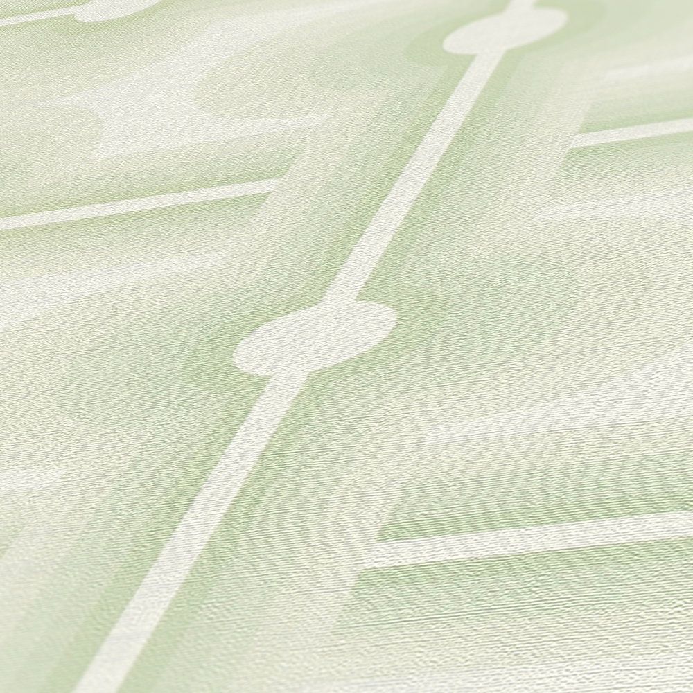             Retropatroon op vliesbehang in lichtgroen - groen, crème
        