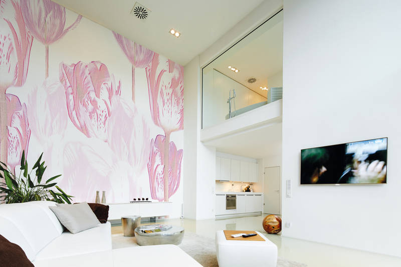             Mural Tulipanes, flores estilizadas en formato XXL - Rosa, Blanco
        