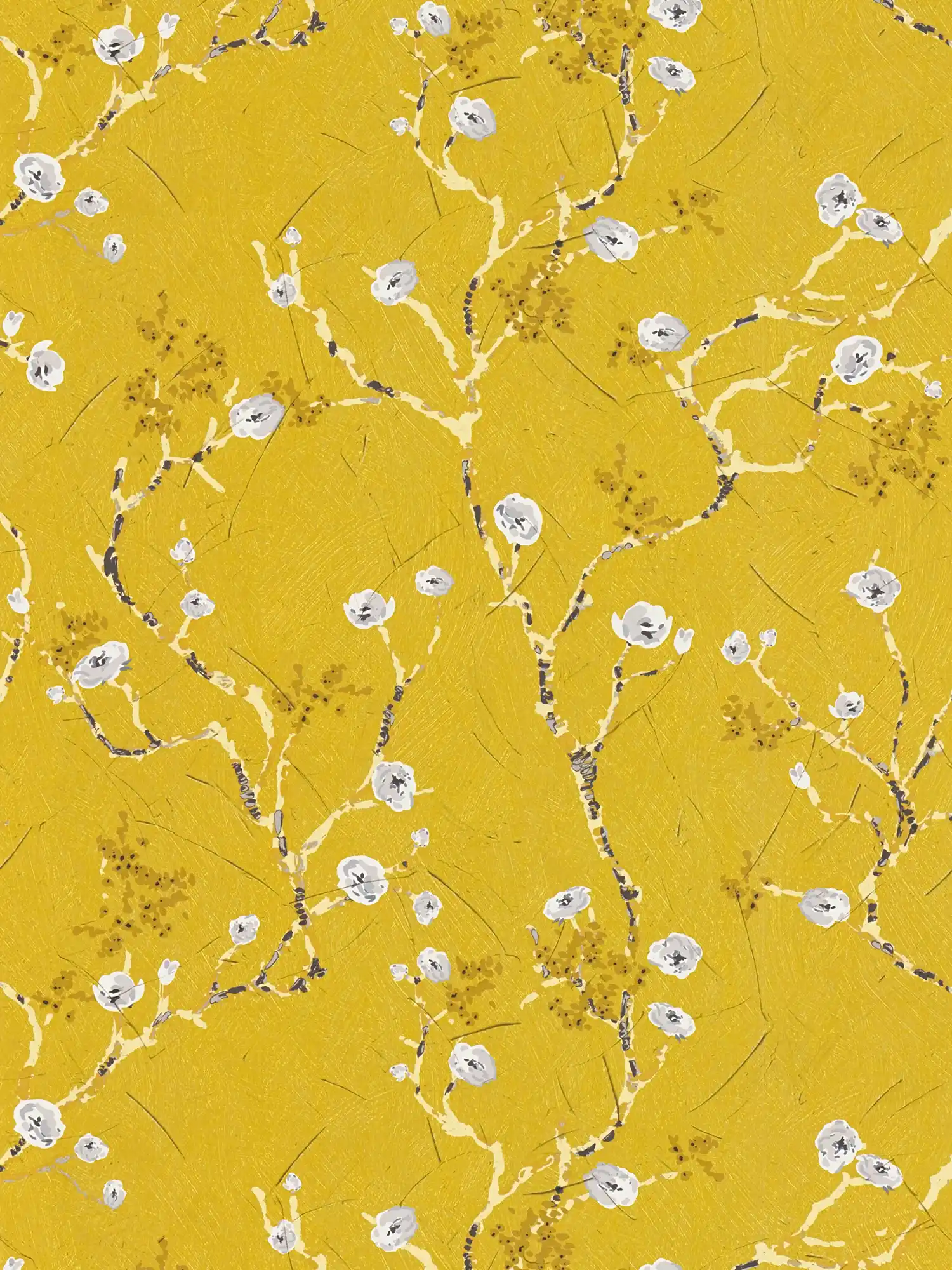 Carta da parati gialla con rami fioriti in stile disegno
