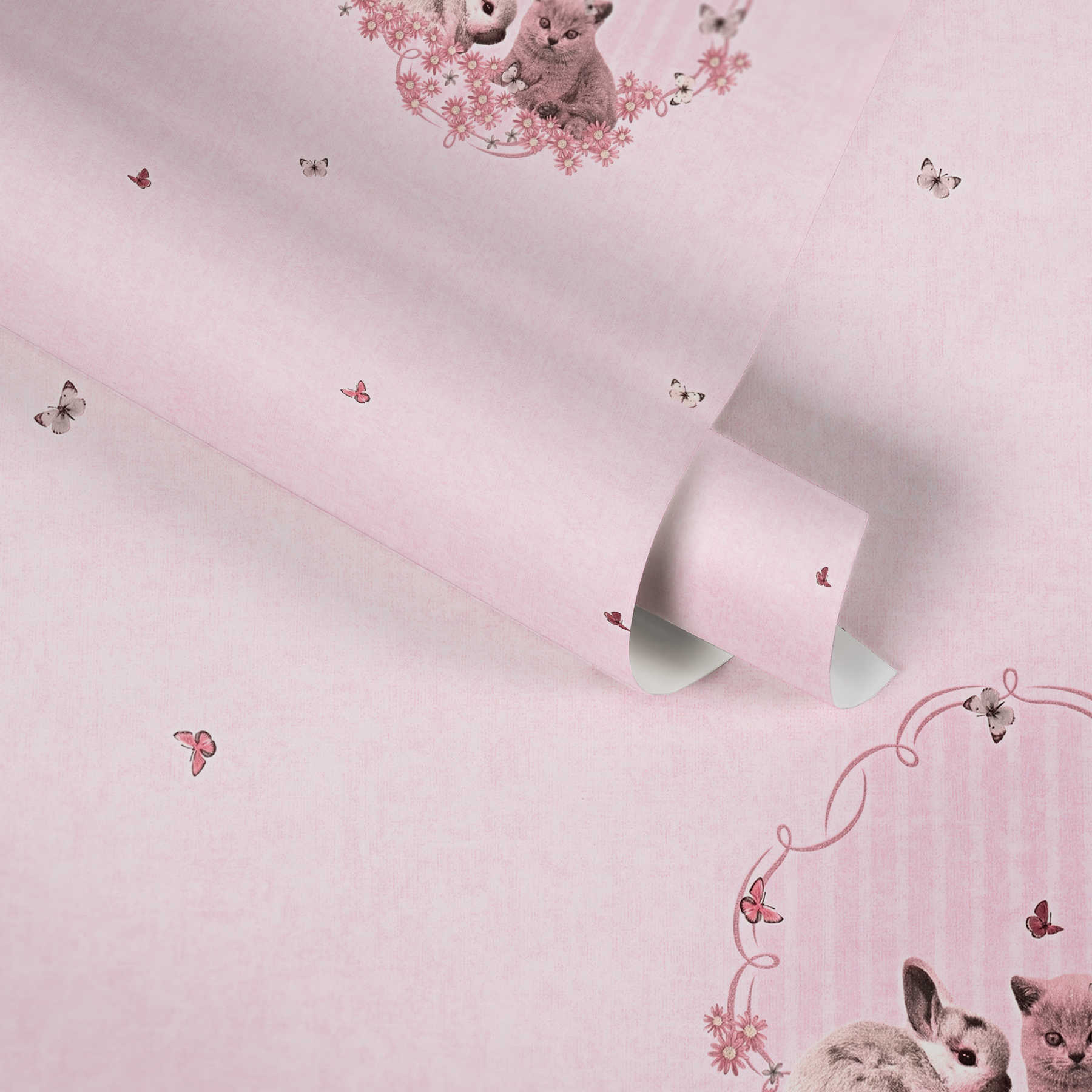             Wallpaper for girls cats, bunny & butterflies - pink
        