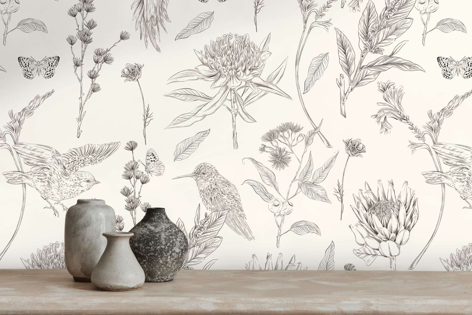             Papel pintado floral con flores y animales textura mate - blanco, negro
        