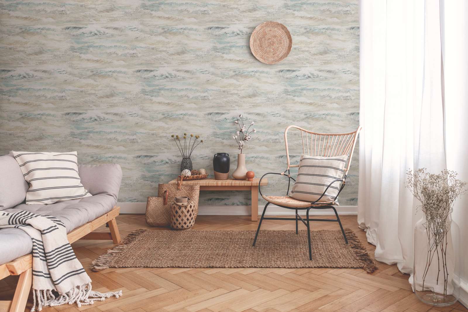             Wallpaper wave motif with glossy effect - beige, blue, green
        
